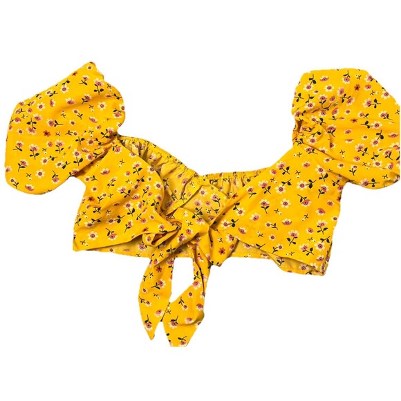 Shein Crop Top Milkmaid Puff Sleeve Large Ditsy Floral Yellow Romantic Cottage - Picture 2 of 4